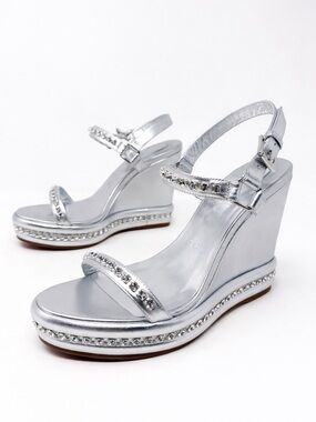 Christian Louboutin Pyrastrass Silver Crystal Wedge Sandals Womens Size EU 39